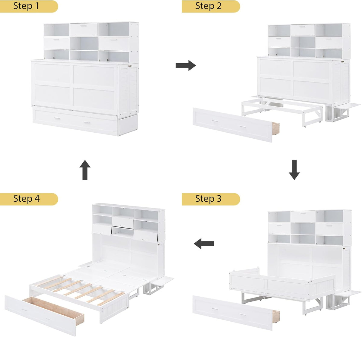 White Queen Murphy Bed Cabinet with Bookcase and Drawer P61752