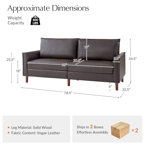 Brown Faux Leather 3-Seater Sofa with Solid Wood Legs S514