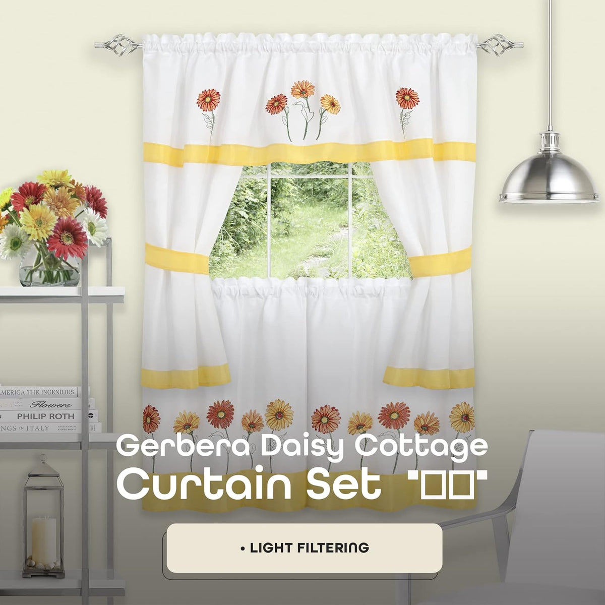 Embellished Cottage Window Curtain Set - 58 Inch Width, 36 Inch Length - Light Filtering Drapes K7056