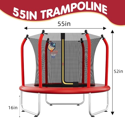 55" Toddler Trampoline with Safety Enclosure Net, Basketball Hoop C871