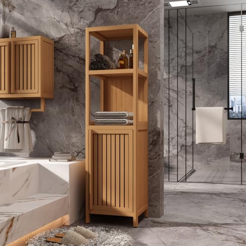 Tall Bamboo Bathroom Storage Cabinet with Door and 2 Tier Shelves H92069