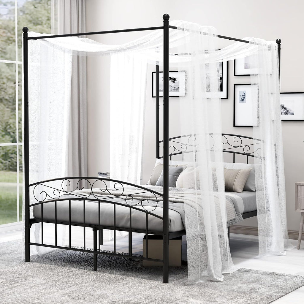 Queen Size Black Metal Canopy Bed Frame with Headboard A8201