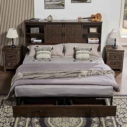 Full Size Wooden Platform Storage Bed with Bookcase Headboard and 2 Drawers R5254