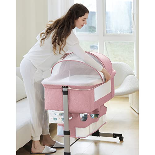 Pink Baby Bassinet Bedside Sleeper with Storage Basket D3794