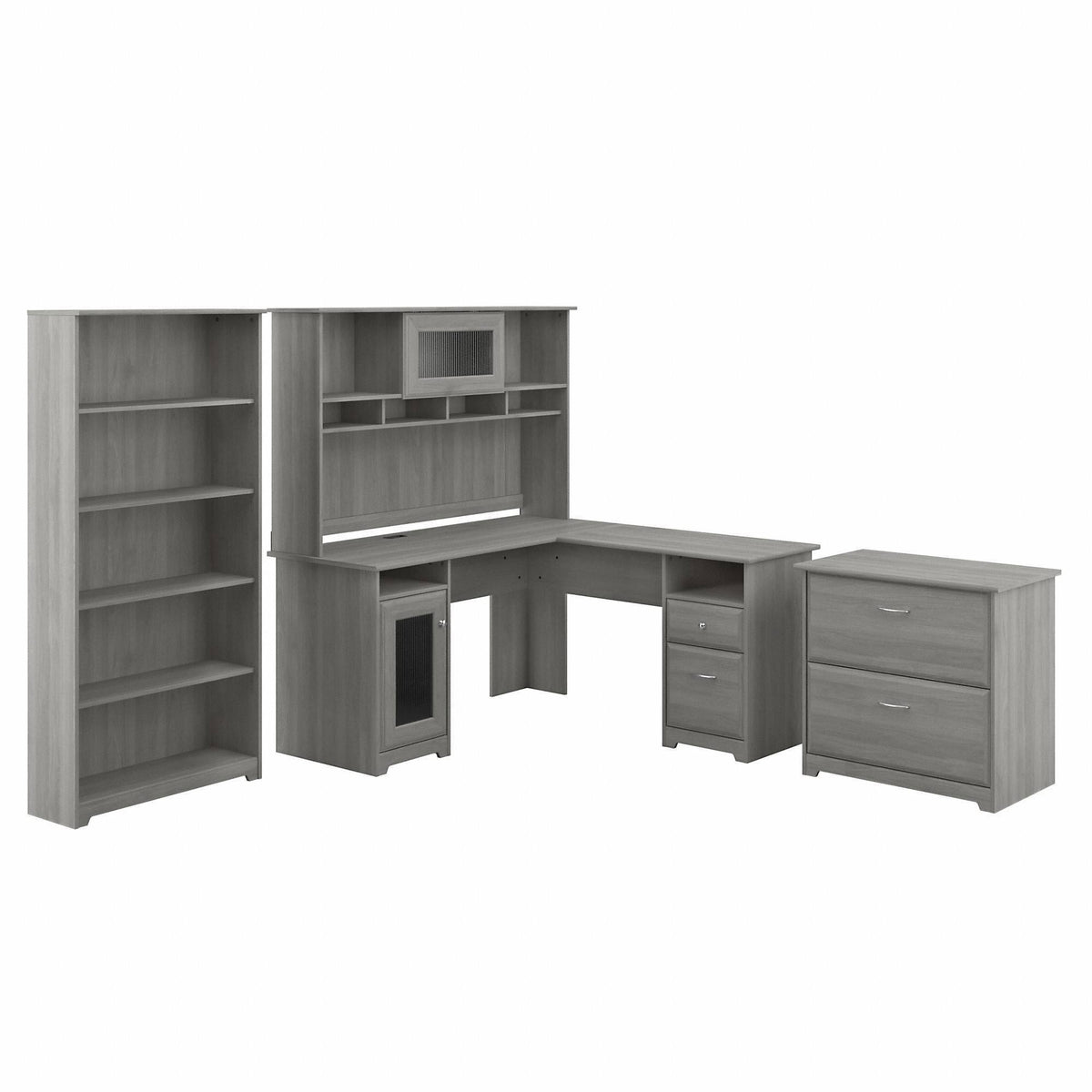 L Shaped Desk with Hutch Lateral File Cabinet and 5 Shelf Bookcase A26075