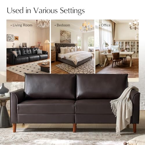 Brown Faux Leather 3-Seater Sofa with Solid Wood Legs S514