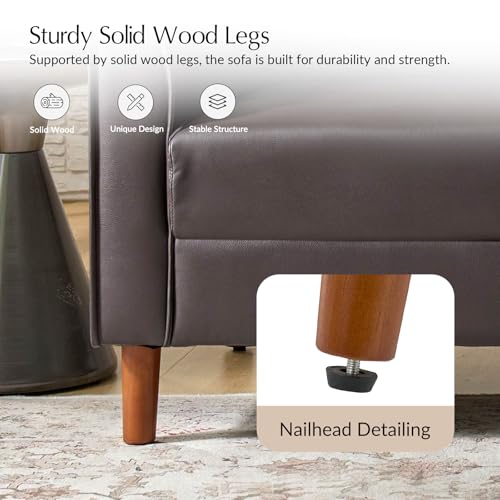 Brown Faux Leather 3-Seater Sofa with Solid Wood Legs S514
