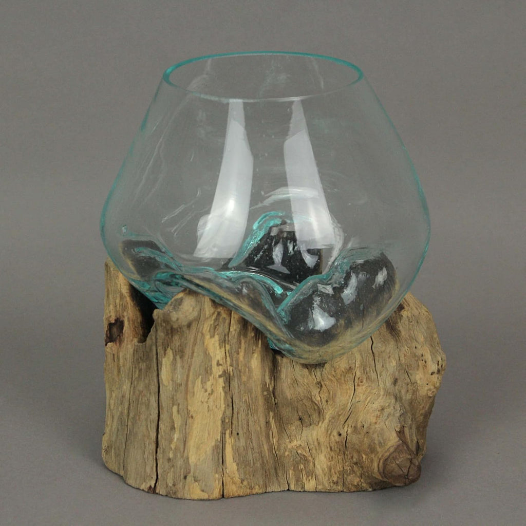 7-Inch Melted Glass and Teak Driftwood Centerpiece Bowl K2558