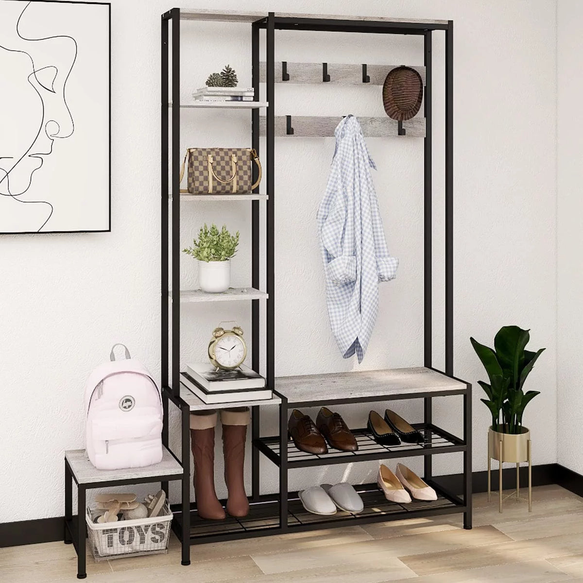 Hall Tree with Shoe Storage Bench, Coat Rack with 7 Hooks, 4 Tier Side Shelves K180