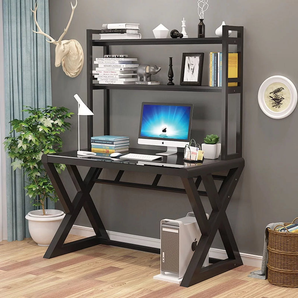 Tempered Glass Computer Desk with Hutch and Shelves H588