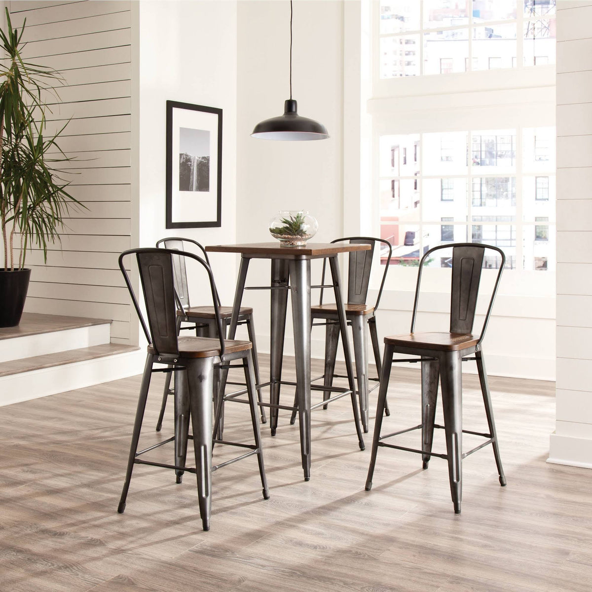 Industrial Modern 4 Pack 26x22 High Back Metal Bar Stools with Solid Ash Wood Seats H1420