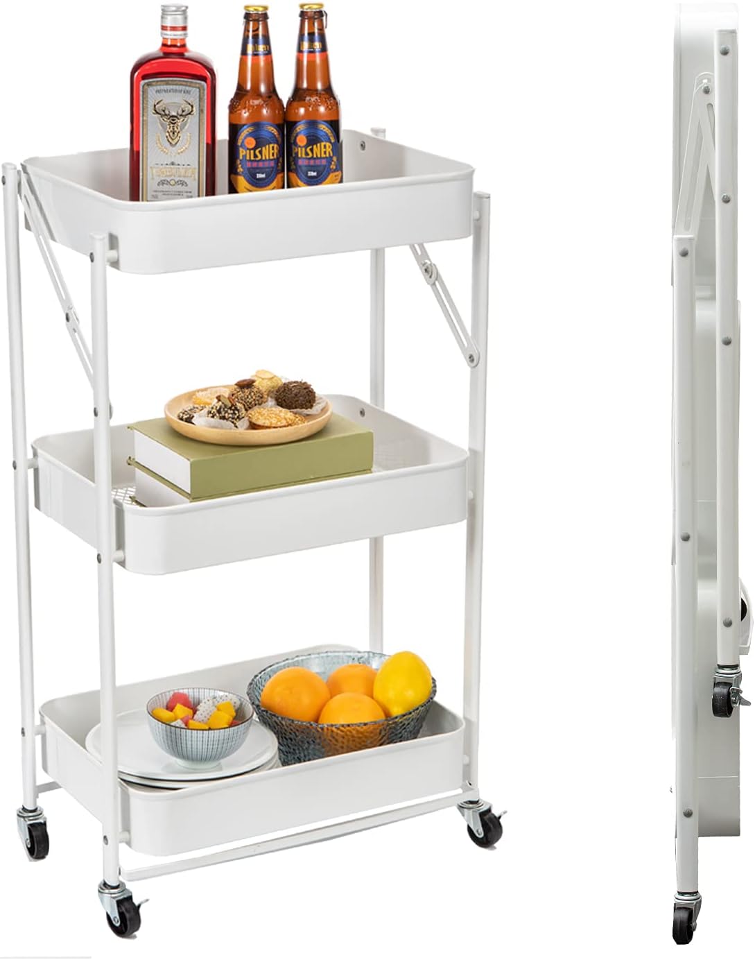 3 Tier Foldable Metal Rolling Cart with Wheels (Pink) S84755