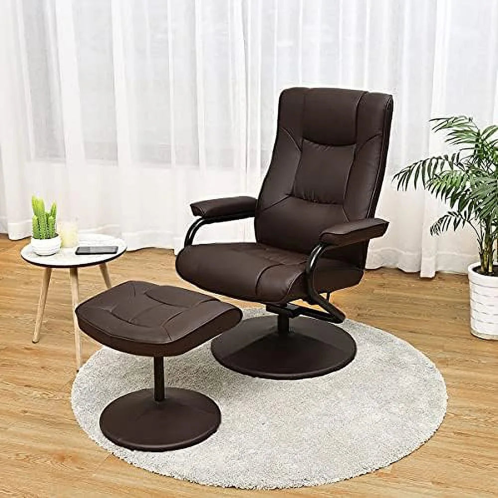 Brown PU Leather Swivel Recliner Chair with Footrest Ottoman Set H17891