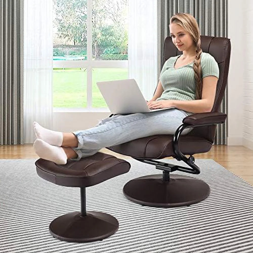 Brown PU Leather Swivel Recliner Chair with Footrest Ottoman Set H17891