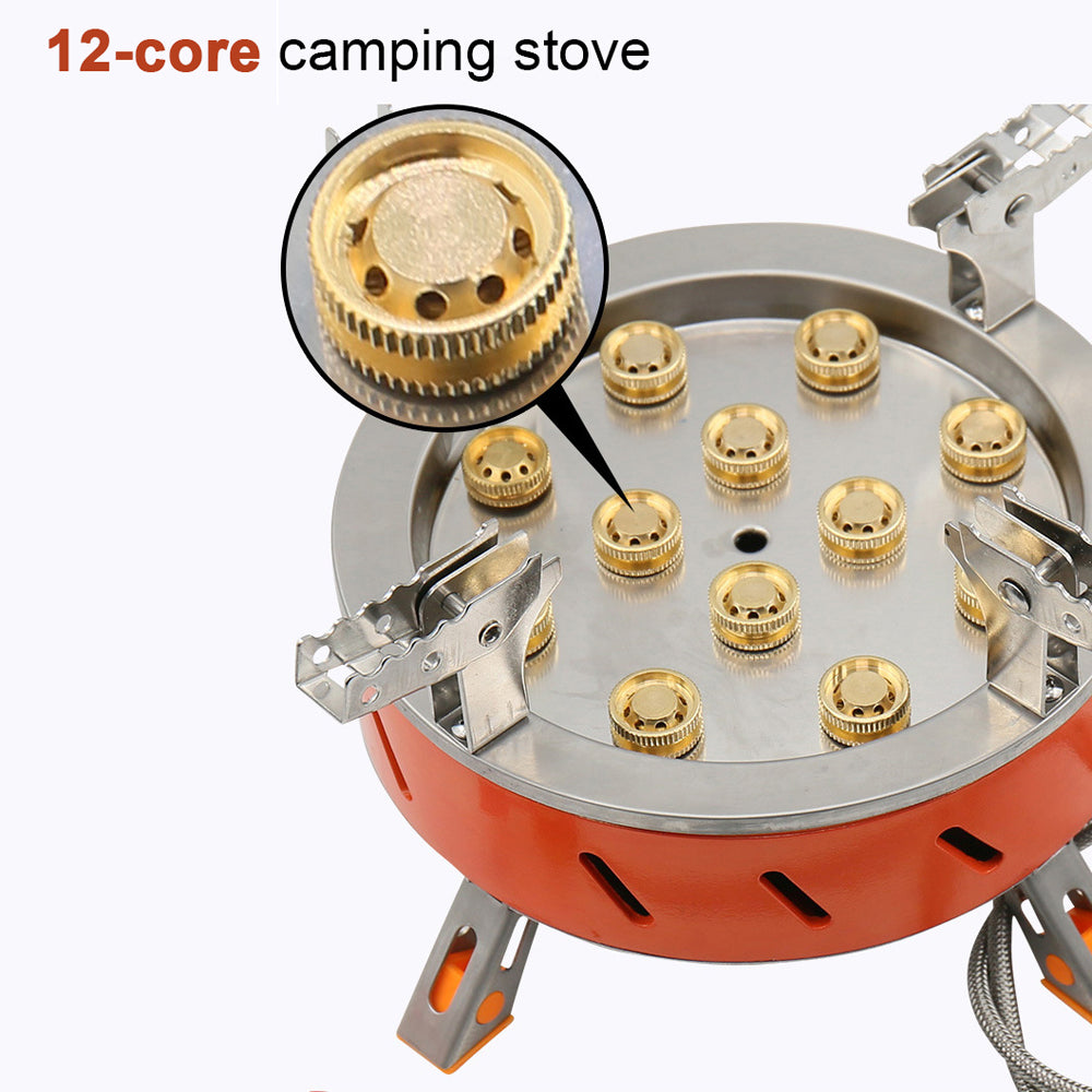 12-Core High-Power Windproof Camping Gas Burner with Piezo Ignition Adjustable Valve Storage Bag Q737
