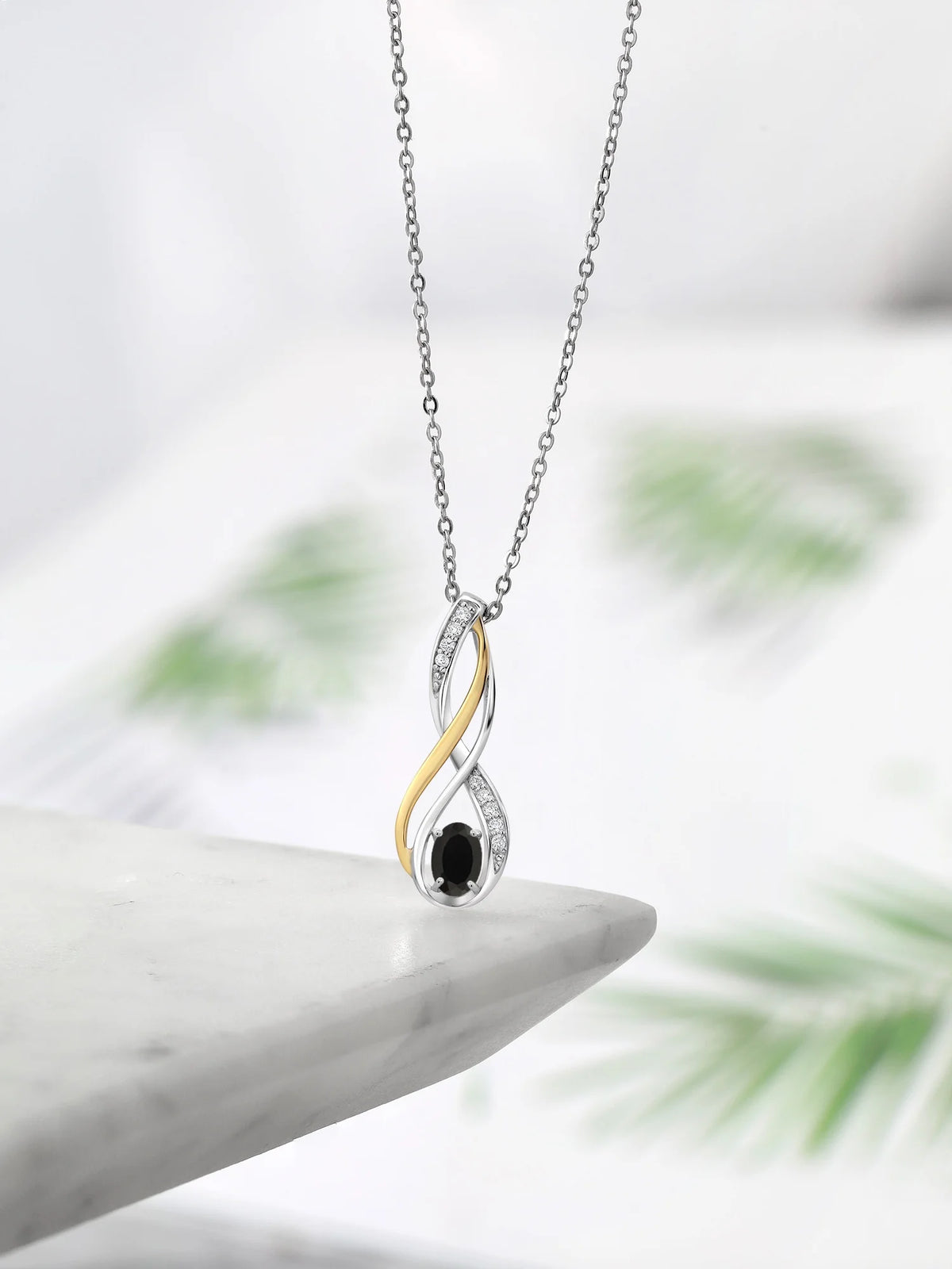 10K Yellow Gold 925 Sterling Silver Black Onyx White Lab Grown Diamond Pendant Necklace M815892