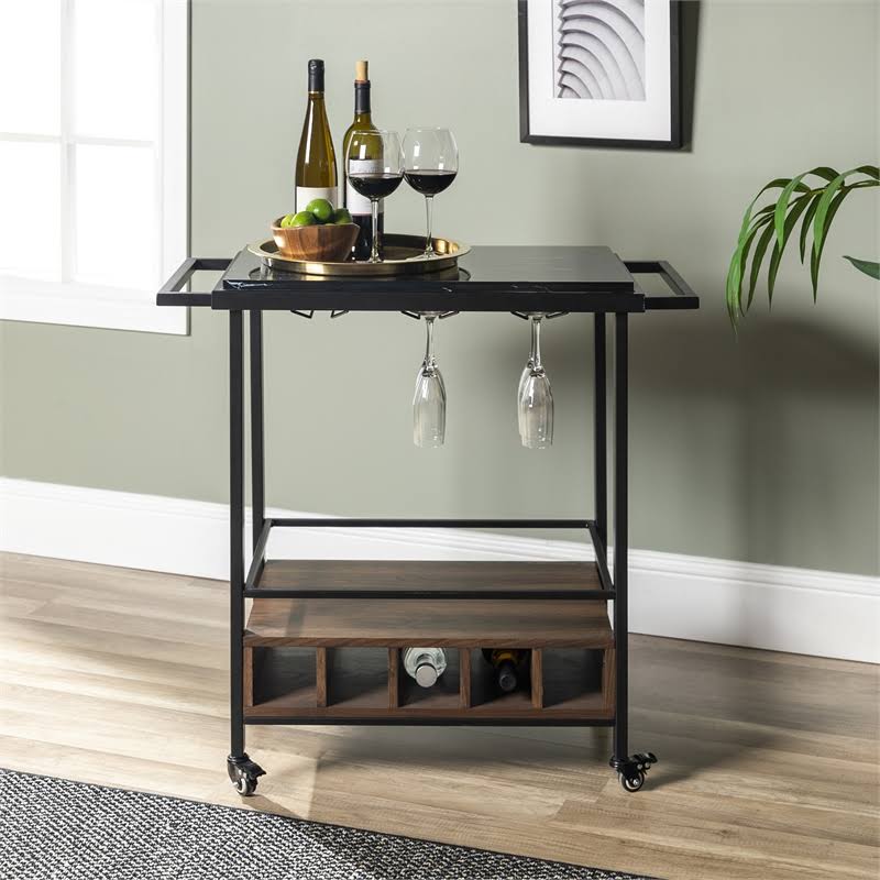 Faux Marble Serving Bar Cart in Dark Walnut and White N71453