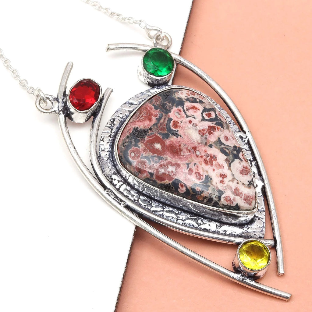 925 Silver Leopard Jasper Gemstone Necklace 20 in X178