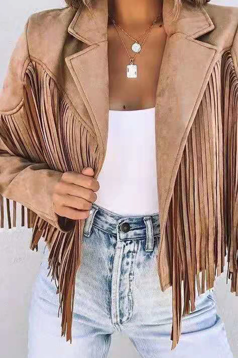 Solid Tassel Turndown Collar Outerwear S943