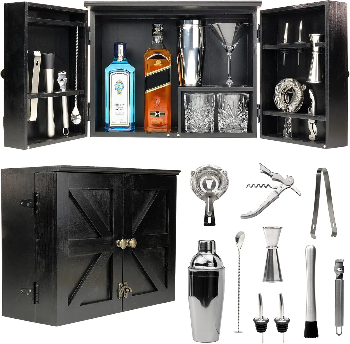 Black Bar Cabinet with 12 Piece Bar Set T6098