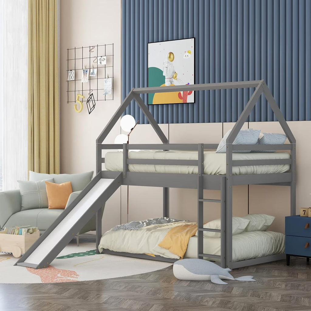 Grey Wood Bunk Bed with Slide and Ladder D358526