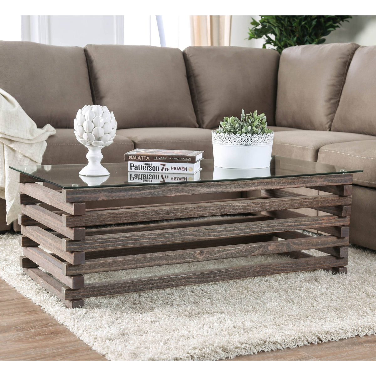 Glass Top Slatted Coffee Table D4122