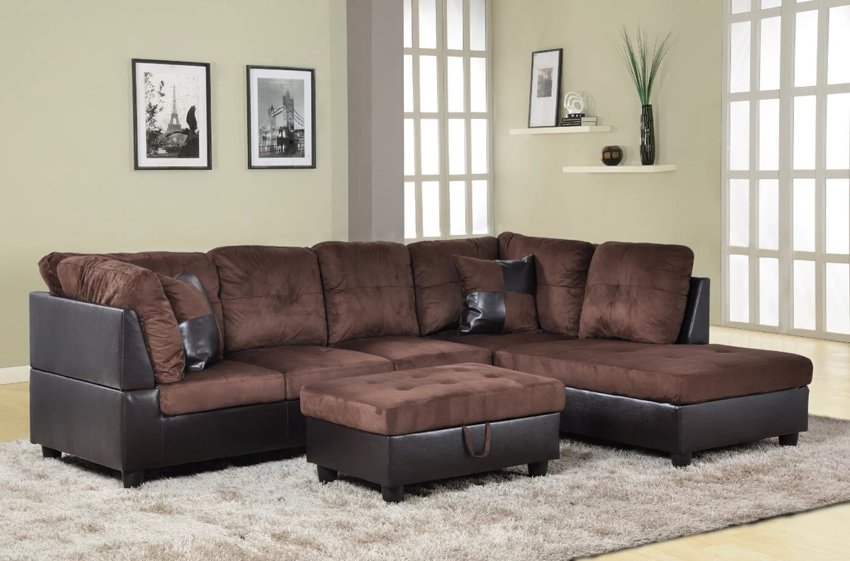 Chocolate Brown Microfiber Sectional Sofa with Storage Ottoman N417