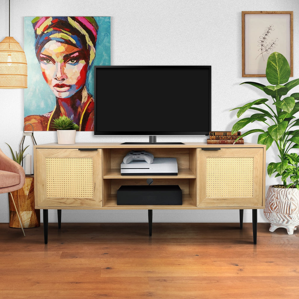 Wooden TV Stand with 2 Cabinet Open Shelves V69875