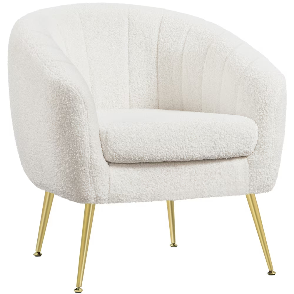 Ivory Tufted Boucle Barrel Accent Armchair with Gold Metal Legs A801713