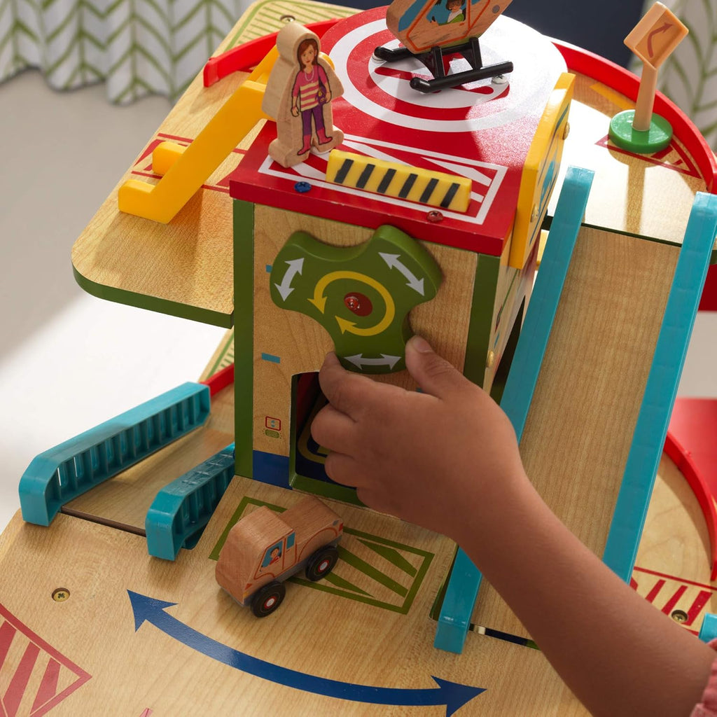 Wooden Car Garage Playset with 19-Piece Accessory Set and Moving Elevator Q263055