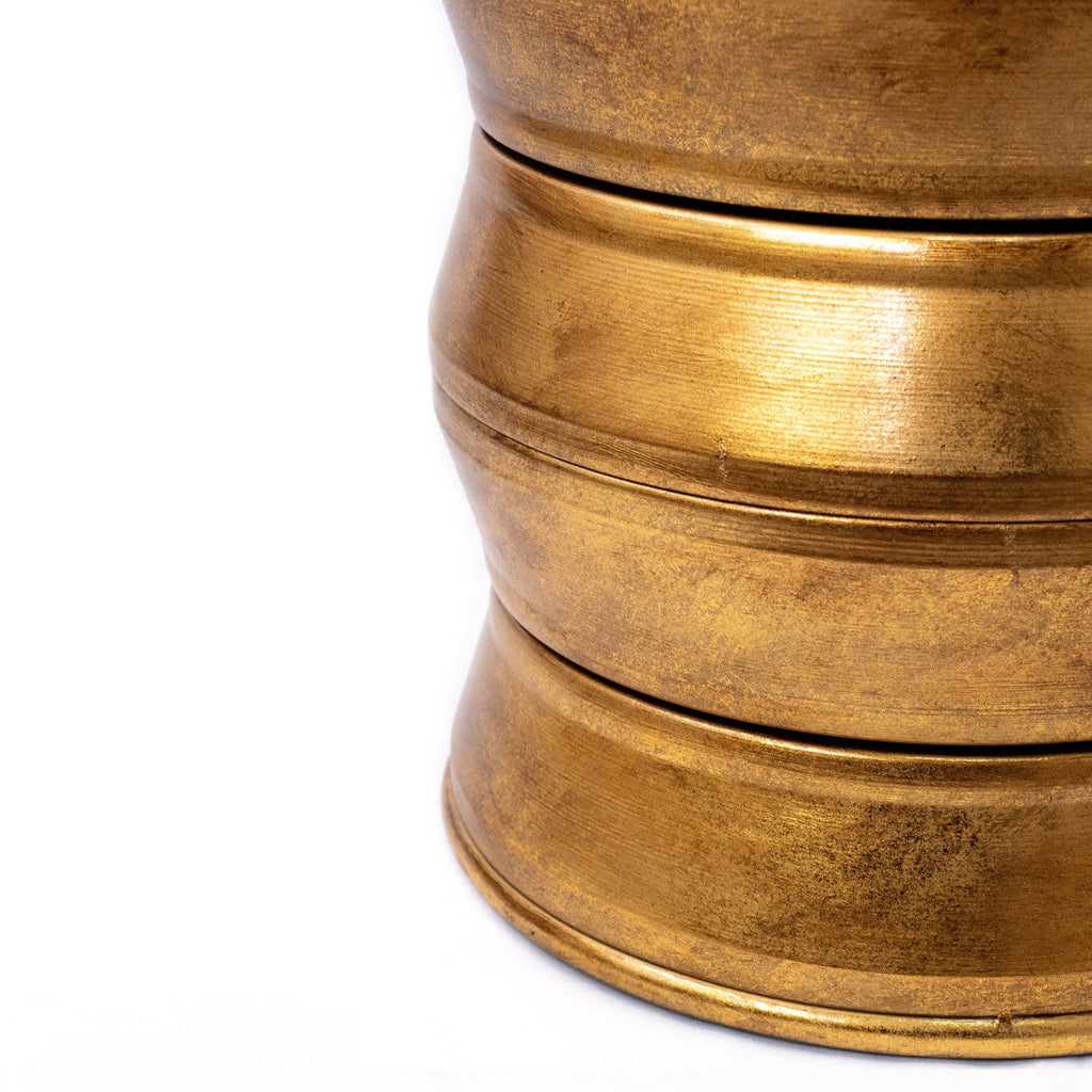 Antique Gold Iron Drum End Table with Glass Top U61421