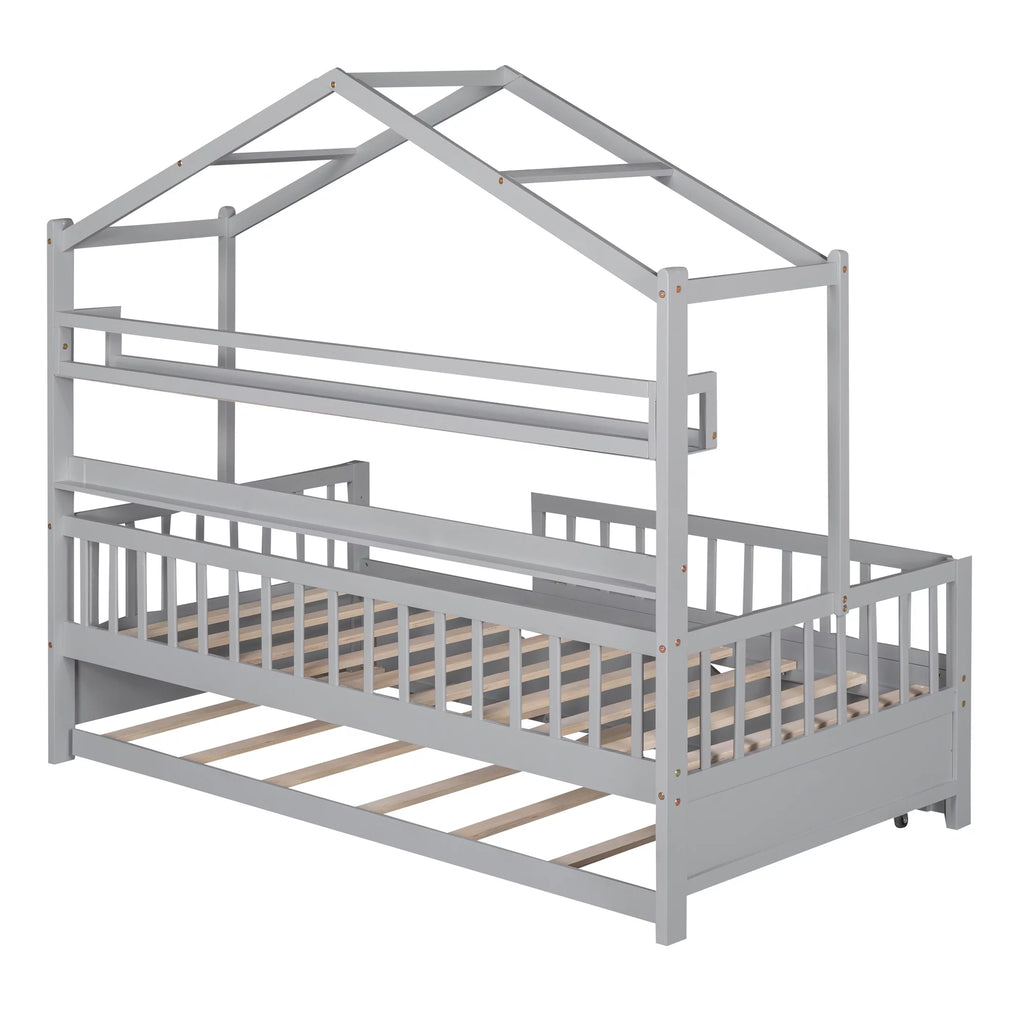 Wood Twin Size House Bed with Bookcase and Trundle Z89717