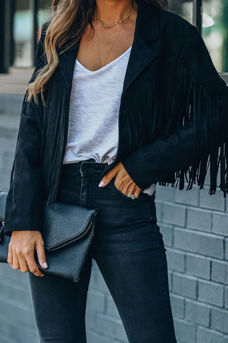 Solid Tassel Turndown Collar Outerwear S943