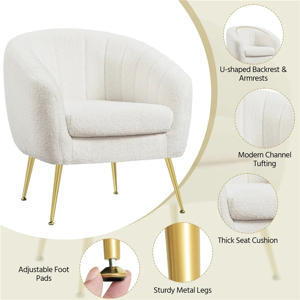 Ivory Tufted Boucle Barrel Accent Armchair with Gold Metal Legs A801713