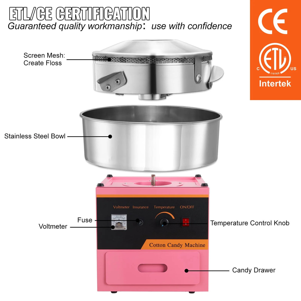 Cotton Candy Machine 21 Inch Stainless Steel Bowl Electric Candy Floss Maker K277