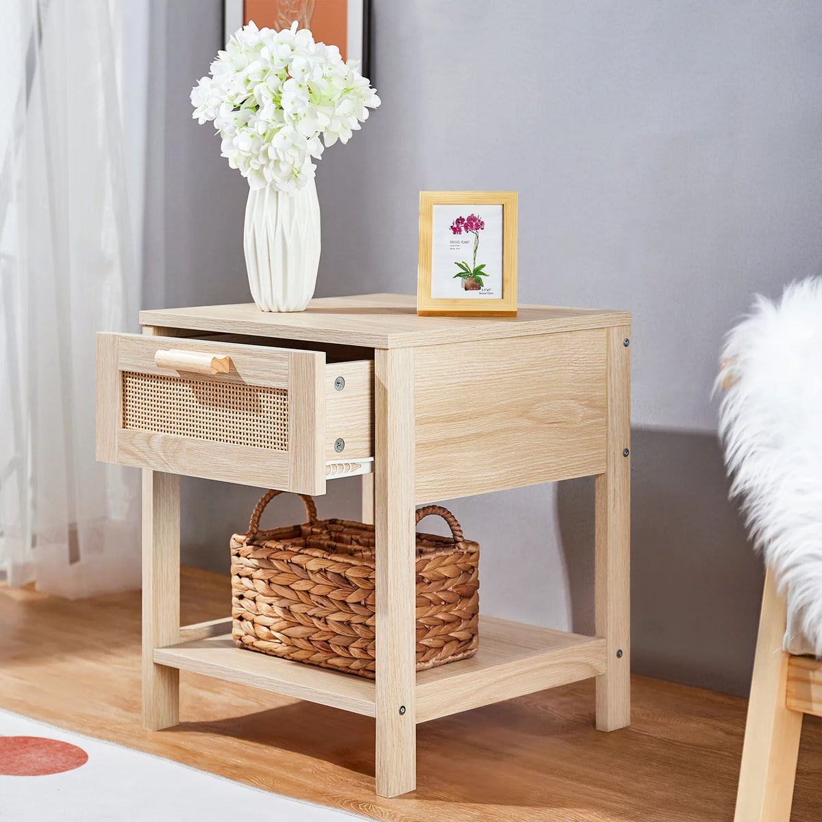 Rattan Drawer Nightstand with Storage L848778
