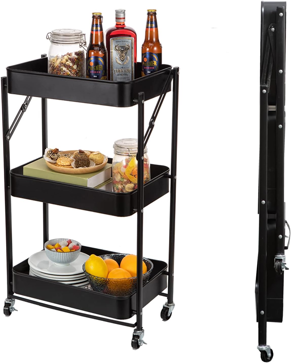 3 Tier Foldable Metal Rolling Cart with Wheels (Pink) S84755