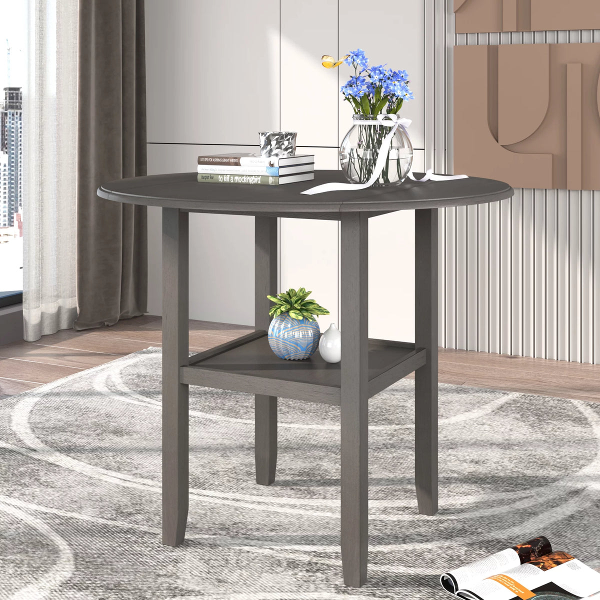 3 Piece Round Counter Height Dining Table Set with Drop Leaf and 2 Chairs G153