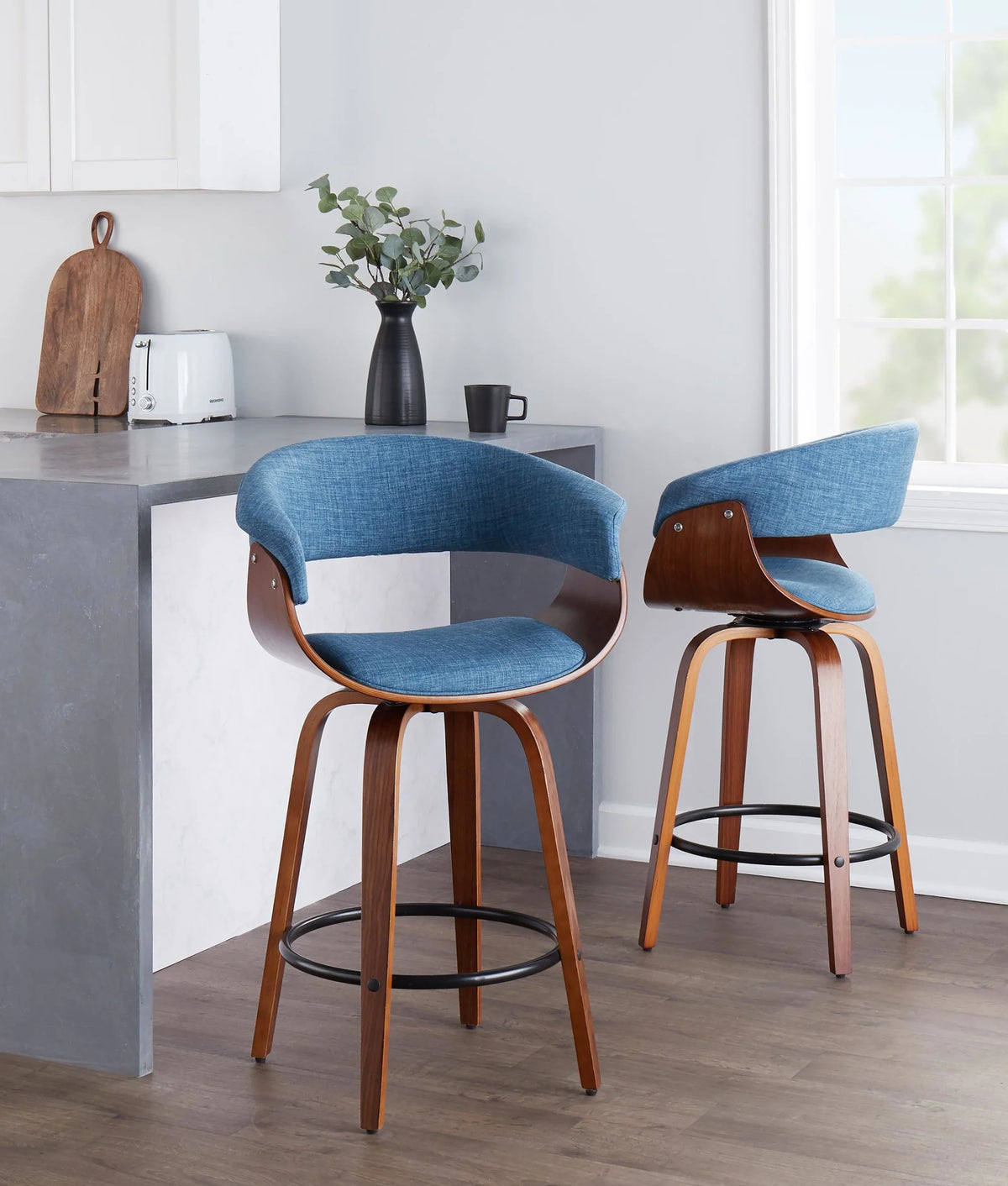 26" Mid-Century Modern Counter Stool with Swivel in Walnut Wood and Blue Fabric with Round Black Metal Footrest - Set of 2 B37551