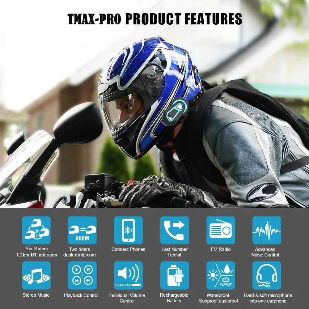 2PCS Motorcycle Bluetooth Intercom System for Helmet 6 Riders 1500M S11144