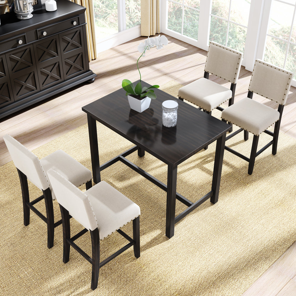 5 Piece Rustic Wooden Counter Height Dining Table Set with 4 Upholstered Chairs J984209