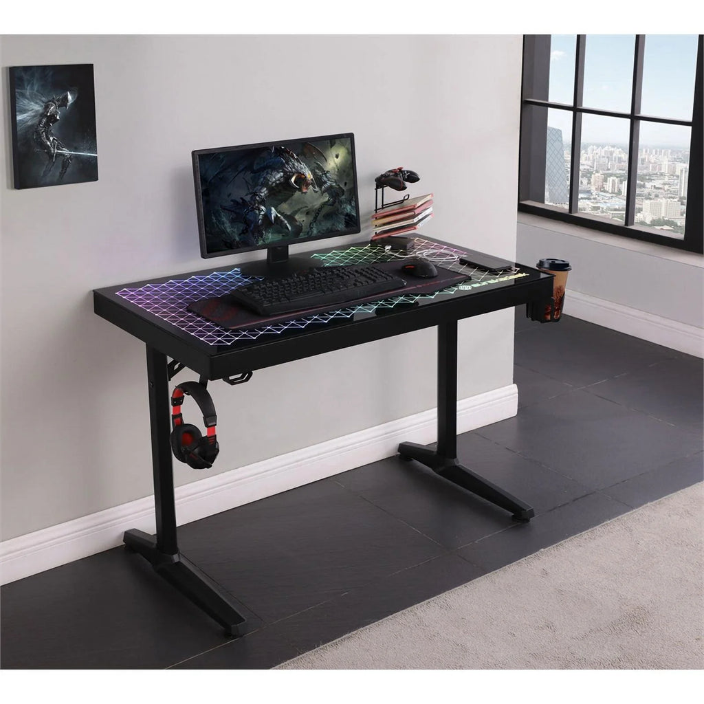 Black Metal Gaming Desk with Tempered Glass Top C435655