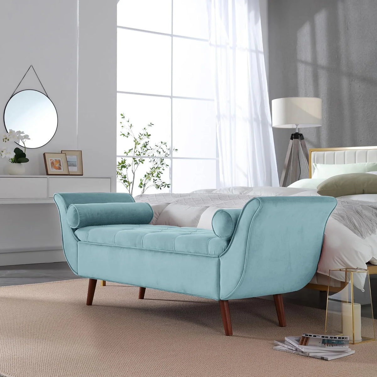 Velvet Upholstered Storage Bench with Solid Wood Legs D36524