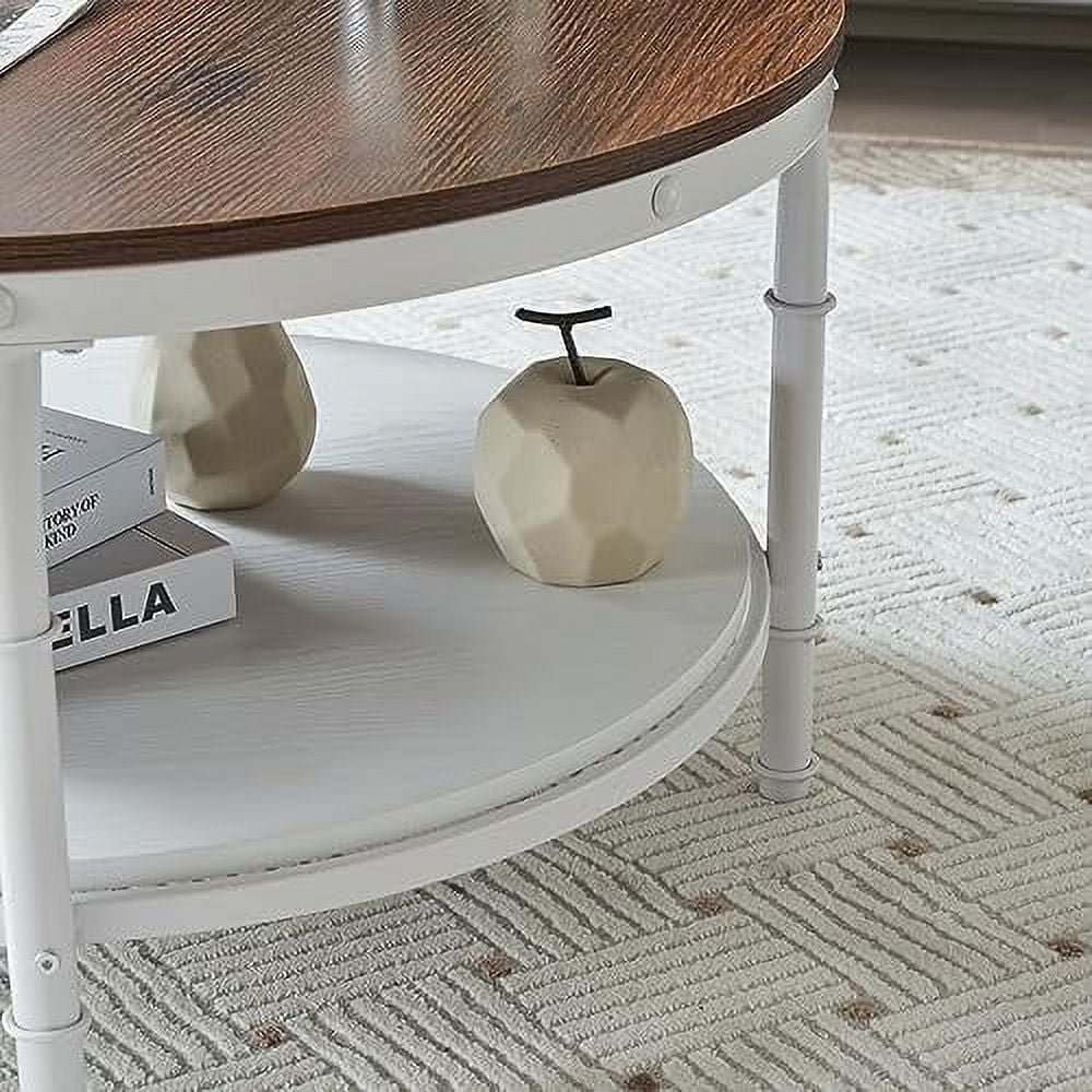 31.5" Rustic Oak White Round 2-Tier Wood Coffee Table Y612