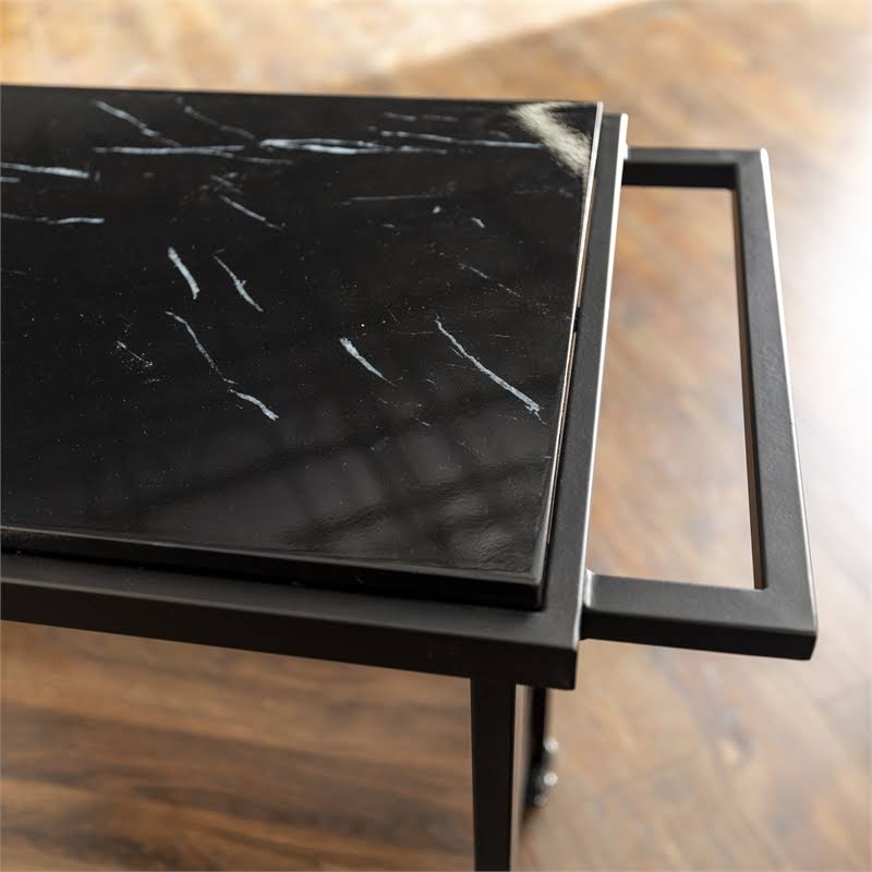 Faux Marble Serving Bar Cart in Dark Walnut and White N71453