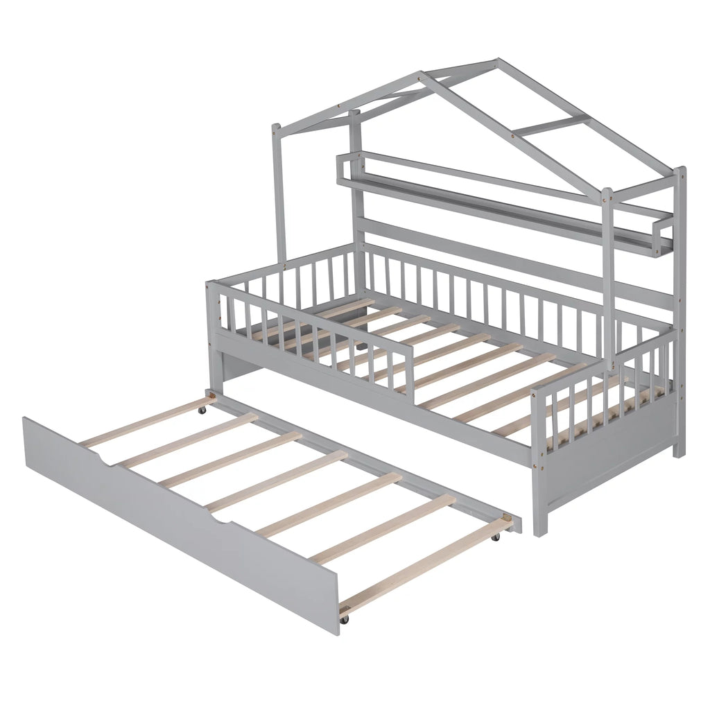 Wood Twin Size House Bed with Bookcase and Trundle Z89717