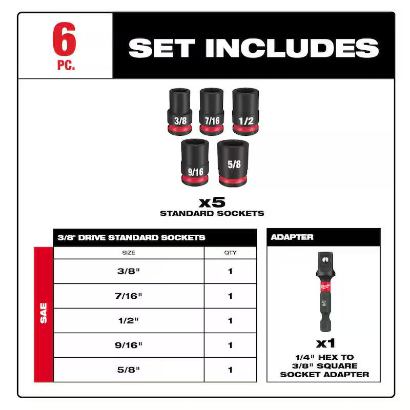 3/8 in. Drive SAE 6 Point Impact Socket Set (6-Piece) A9597