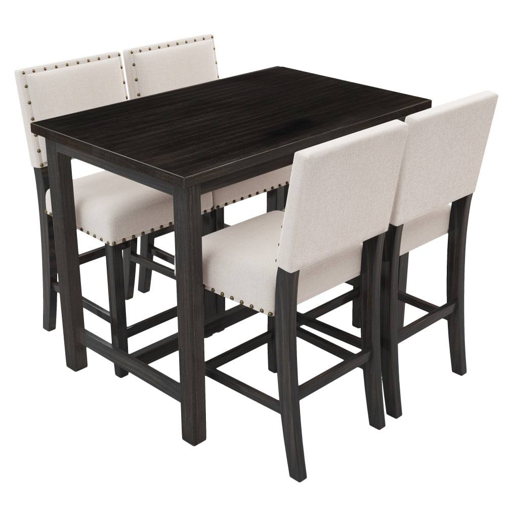 5 Piece Rustic Wooden Counter Height Dining Table Set with 4 Upholstered Chairs J984209