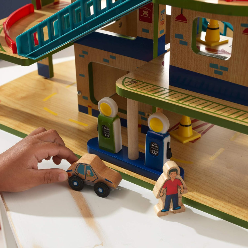 Wooden Car Garage Playset with 19-Piece Accessory Set and Moving Elevator Q263055