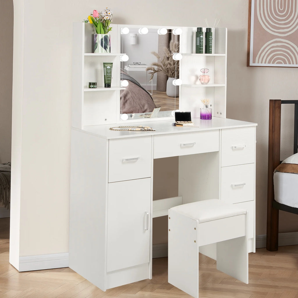 White Makeup Vanity Set with Mirror and Lights W201